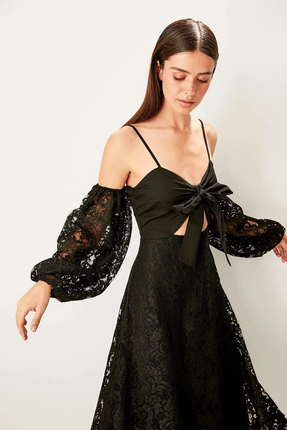 10889 Black Off-Shoulder Cutout Waist Lace Dress