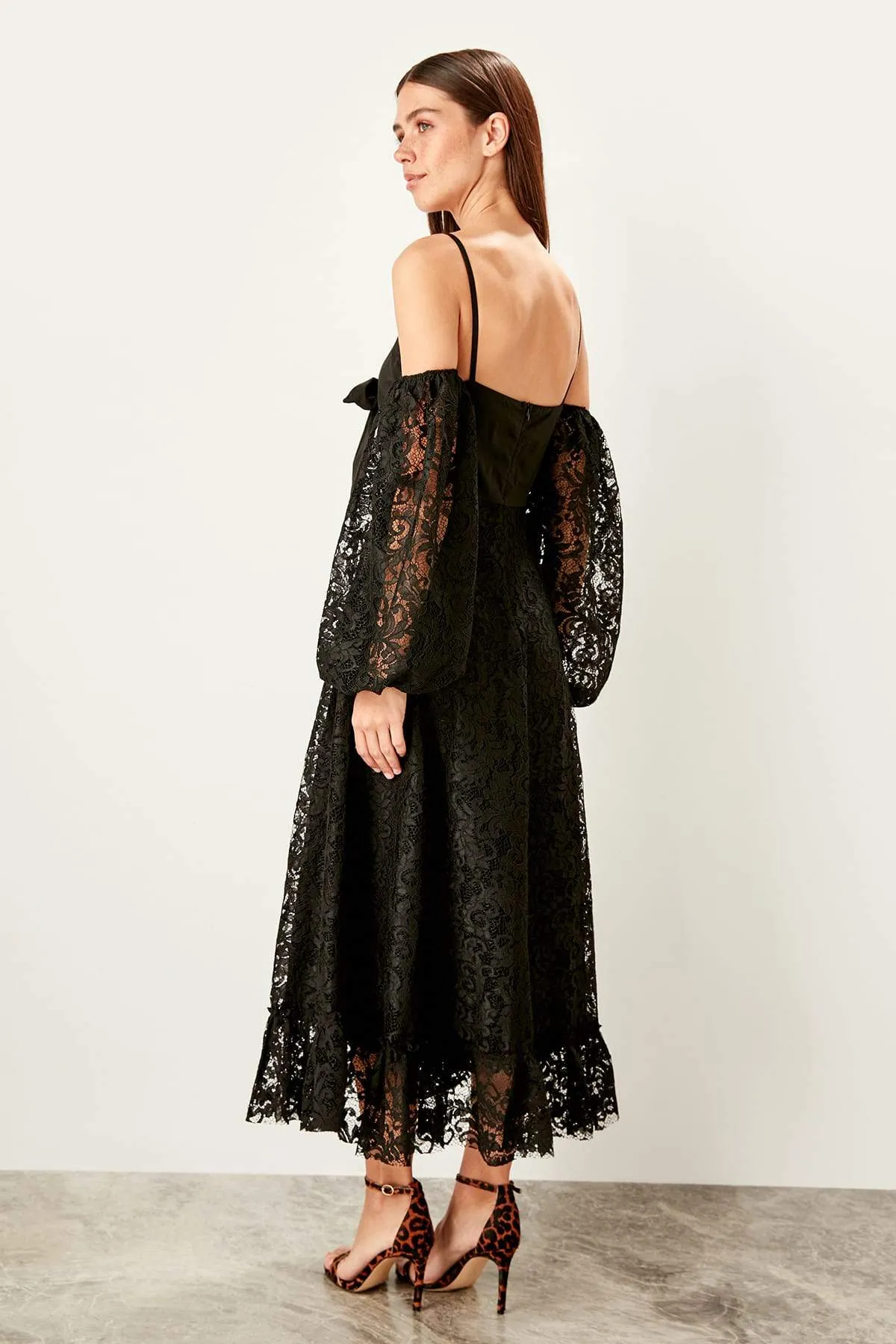 10889 Black Off-Shoulder Cutout Waist Lace Dress