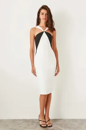 10949 Ecru-Black Colour Block Pencil Dress