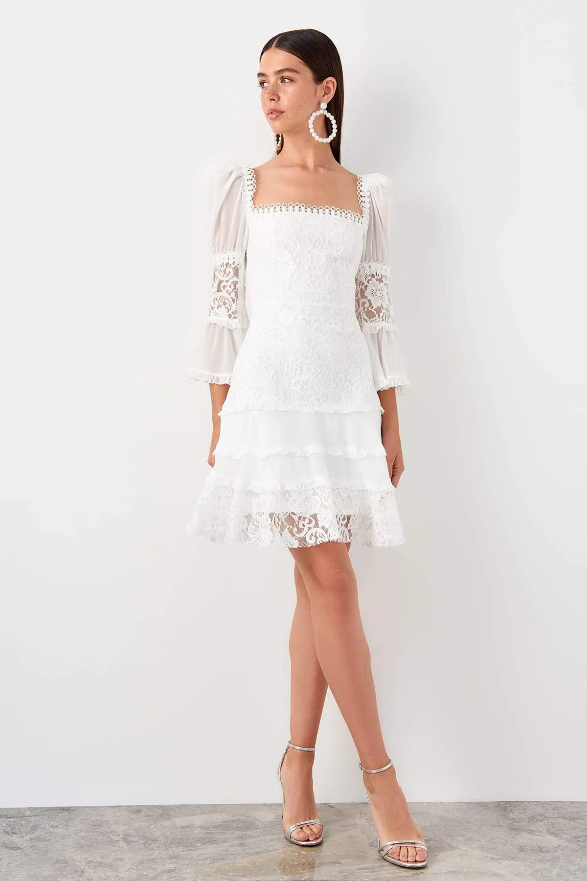 11687 Ecru Square Collar Lace Dress