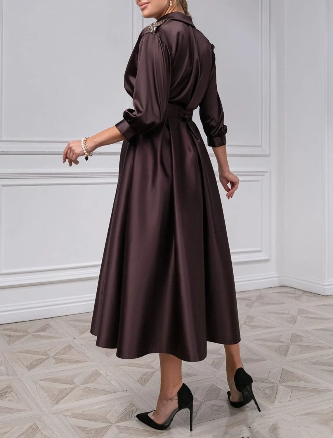 A-Line Cocktail Dresses Elegant Dress Wedding Guest Evening Party Tea Length 3/4 Length Sleeve Shirt Collar Satin with Pleat