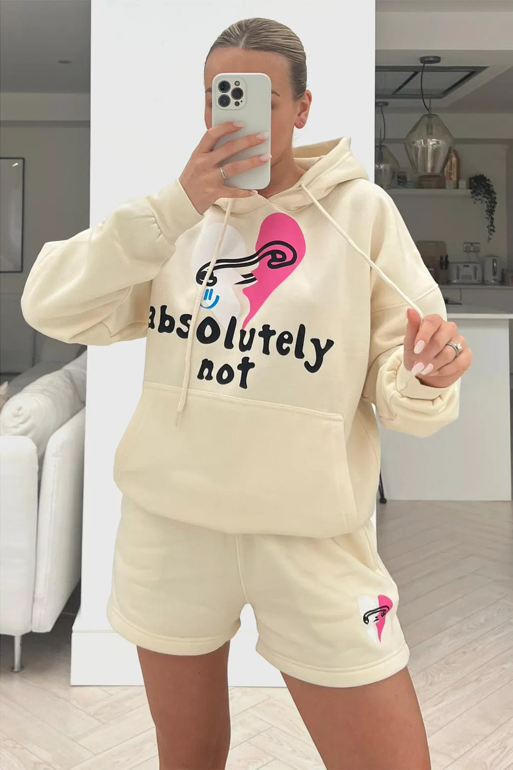 Absolutely Not Ecru printed Hoodie short coord