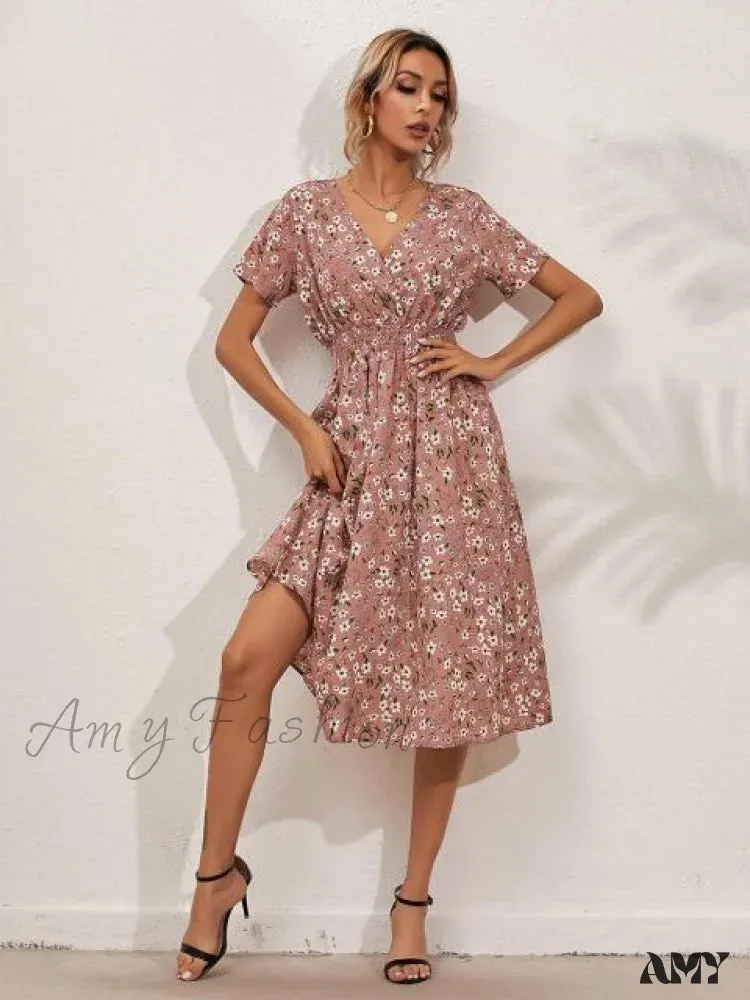 Amy Fashion - V-neck Short Sleeve A-line Chiffon Beach Midi Dresses