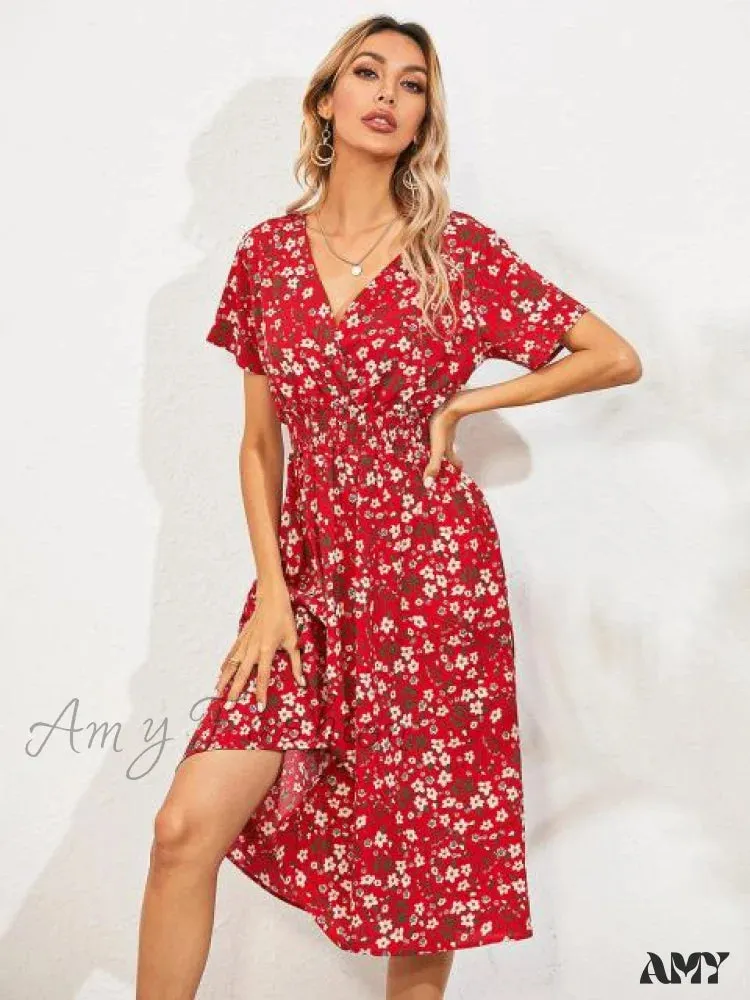 Amy Fashion - V-neck Short Sleeve A-line Chiffon Beach Midi Dresses