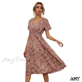 Amy Fashion - V-neck Short Sleeve A-line Chiffon Beach Midi Dresses