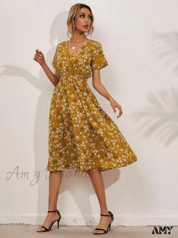 Amy Fashion - V-neck Short Sleeve A-line Chiffon Beach Midi Dresses