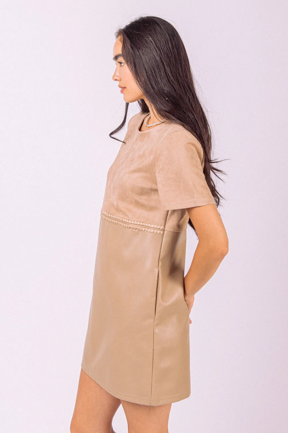 Beige Waist Embroidered Suede & Leather Mini Dress