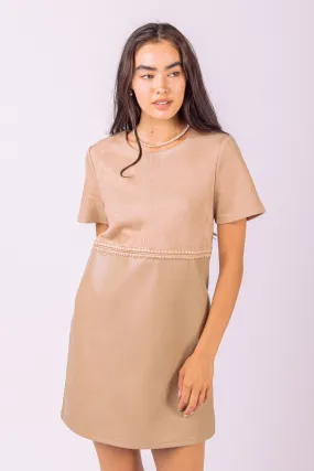 Beige Waist Embroidered Suede & Leather Mini Dress