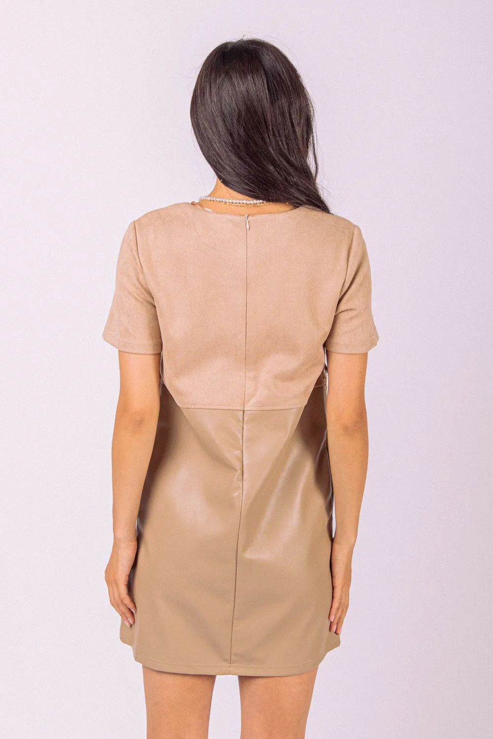 Beige Waist Embroidered Suede & Leather Mini Dress