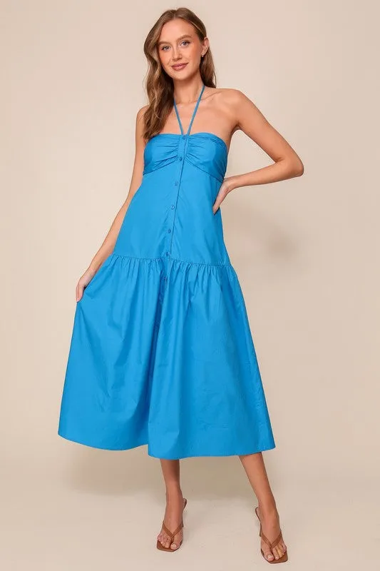 Blue Midi Halter Tie Button Down Dress