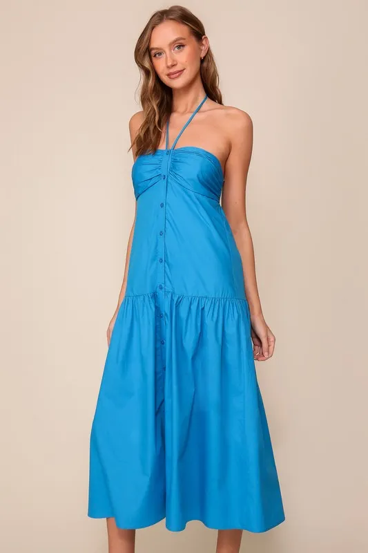 Blue Midi Halter Tie Button Down Dress