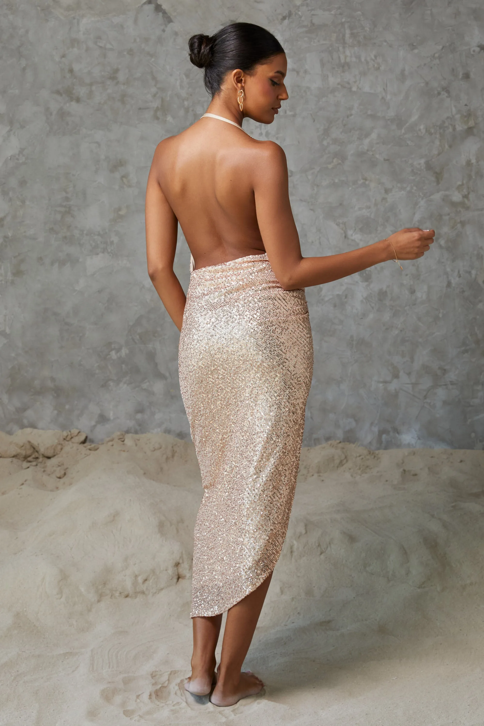 Celeste Sequin Midi Dress Rose Gold