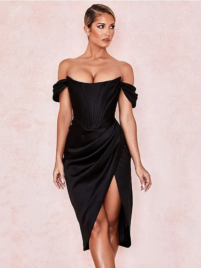 Cocktail Dresses Party Dress Wedding Party Tea Length Short Sleeve Off Shoulder Satin with Slit