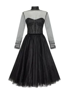 Cocktail Dresses Vintage Dress Homecoming Knee Length Long Sleeve High Neck Wednesday Addams Family Tulle with Pleats