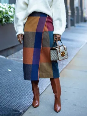 Contrast Color Plaid Wrap Skirts Bottoms