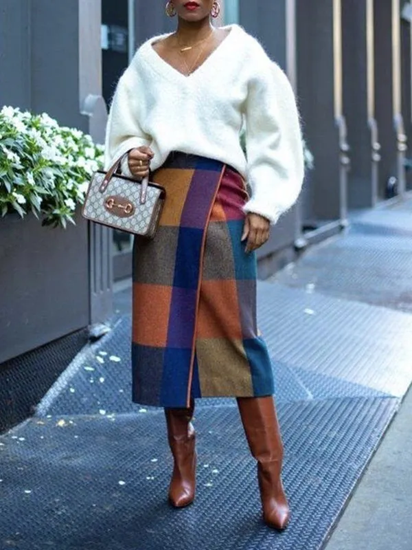 Contrast Color Plaid Wrap Skirts Bottoms