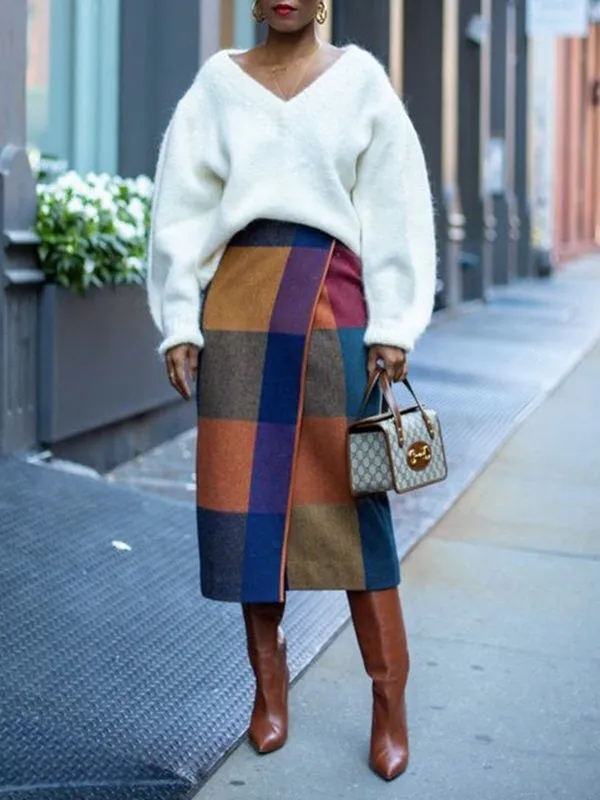 Contrast Color Plaid Wrap Skirts Bottoms