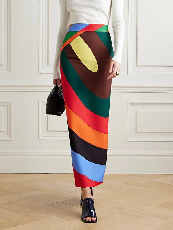 Contrast Color Striped Column Skirts Bottoms