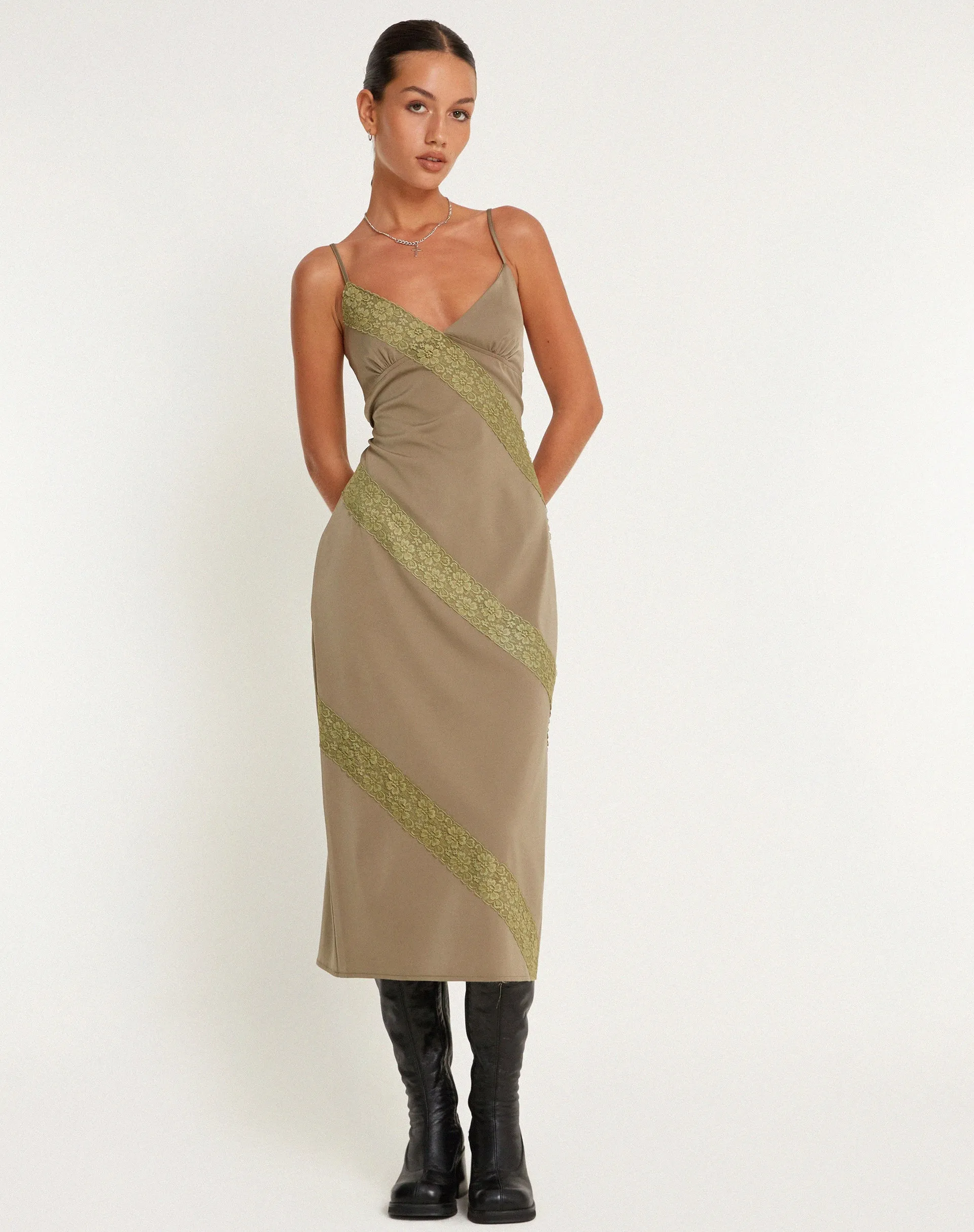 Deonne Midi Dress in Satin Avocado