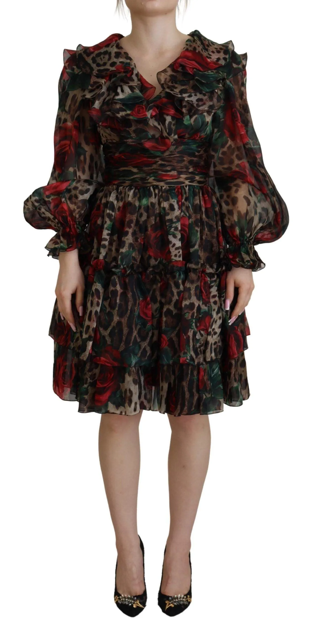 Dolce & Gabbana Brown Leopard Roses Silk Ruffled Gown Dress