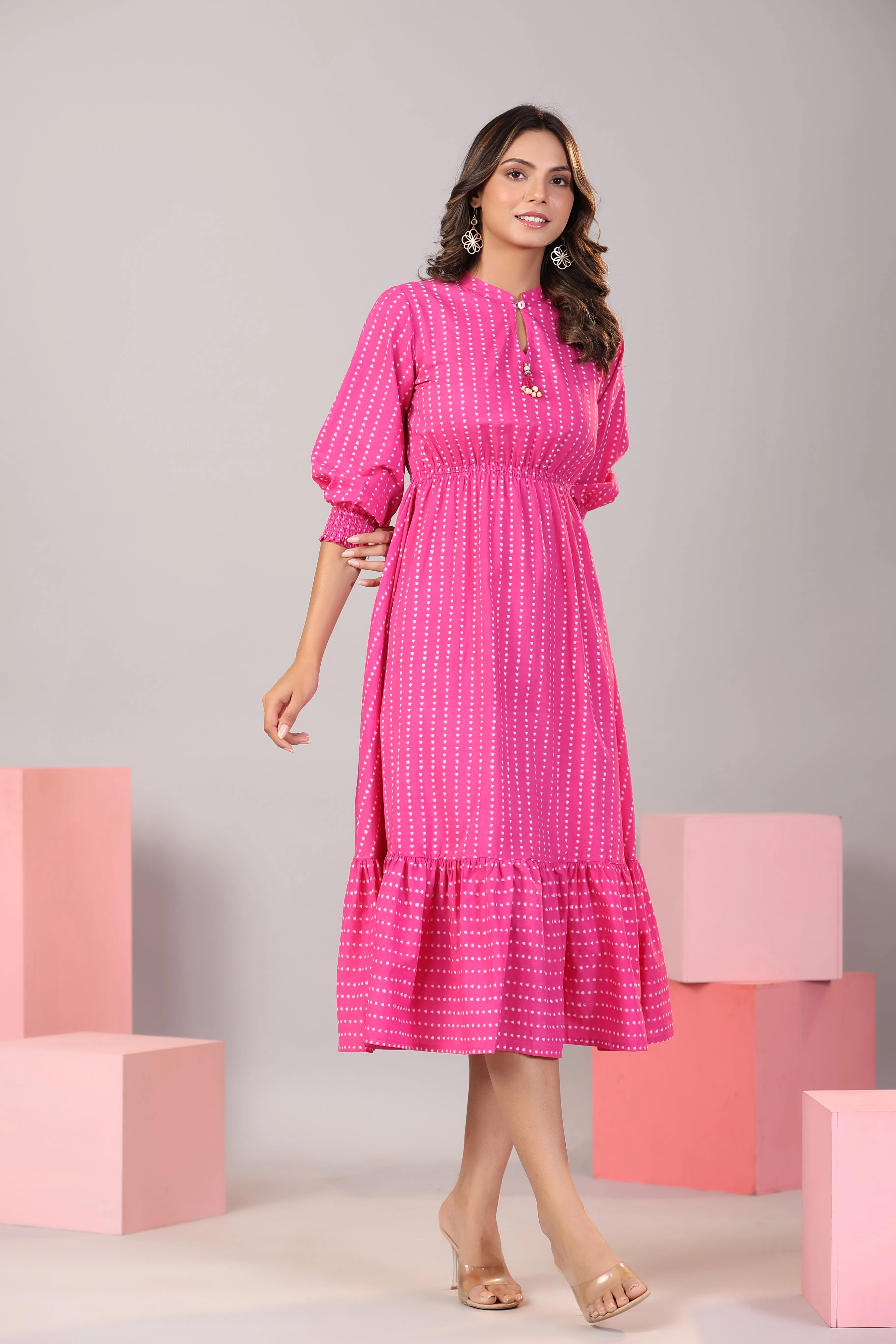 Dotted parallels on Pink Cotton MIDI Dress