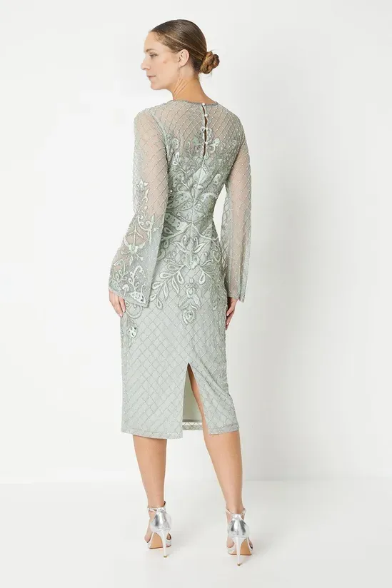 Embellished And Embroidered Midi Dress Long Sleeves Knee-length Wedding Guest Dresses