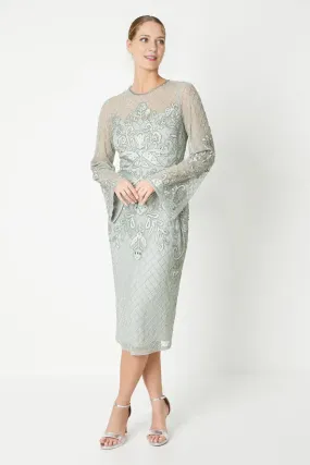 Embellished And Embroidered Midi Dress Long Sleeves Knee-length Wedding Guest Dresses