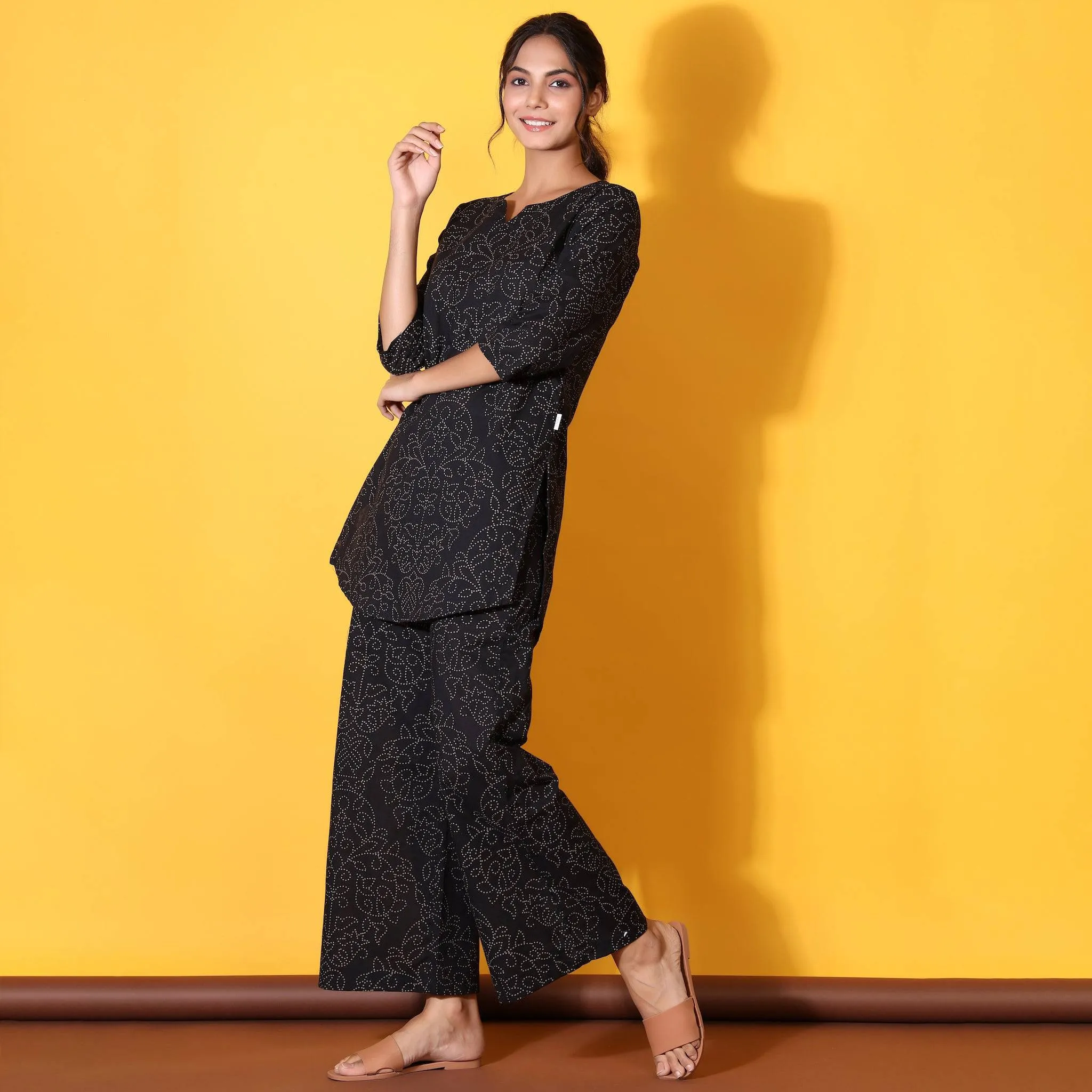 Floral Bandhani Motifs on Black Loungewear Top Set