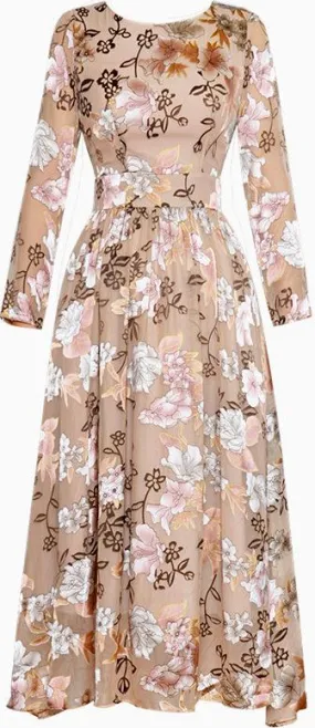 Floral-Print Long Sleeve Midi Dress