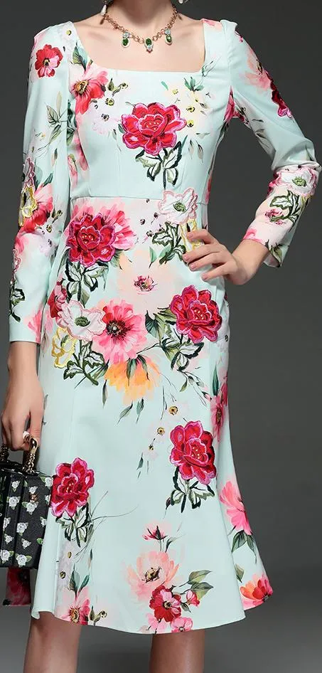 Floral-Printed Square-Neck Midi Dress