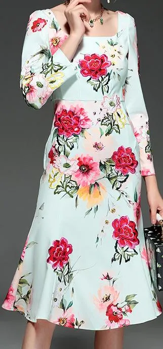 Floral-Printed Square-Neck Midi Dress