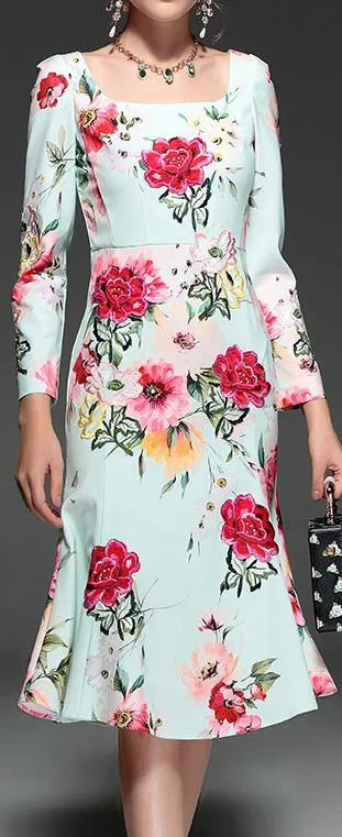 Floral-Printed Square-Neck Midi Dress