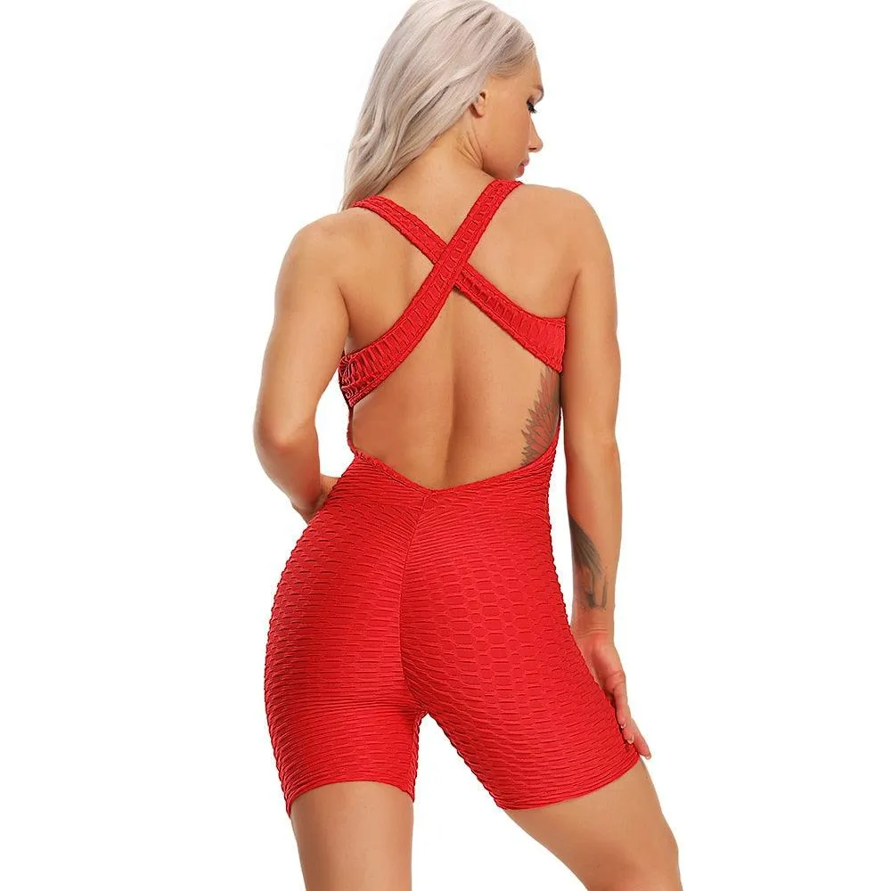 Gorgeous High Waist Women Bodysuit Sleeveless Back Cross Sports Slimming Jumpsuit - Fitness Gym Tracksuits For Female Push Up Leggings (2U24)(BAP)(TBL)