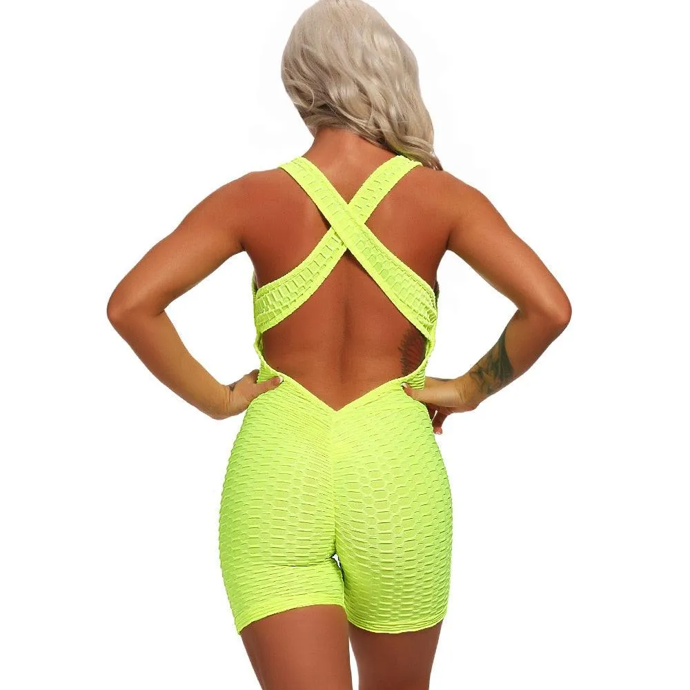 Gorgeous High Waist Women Bodysuit Sleeveless Back Cross Sports Slimming Jumpsuit - Fitness Gym Tracksuits For Female Push Up Leggings (2U24)(BAP)(TBL)