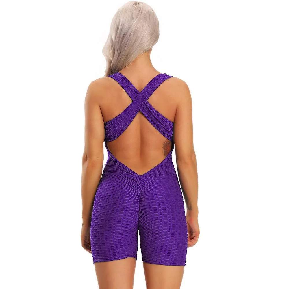 Gorgeous High Waist Women Bodysuit Sleeveless Back Cross Sports Slimming Jumpsuit - Fitness Gym Tracksuits For Female Push Up Leggings (2U24)(BAP)(TBL)