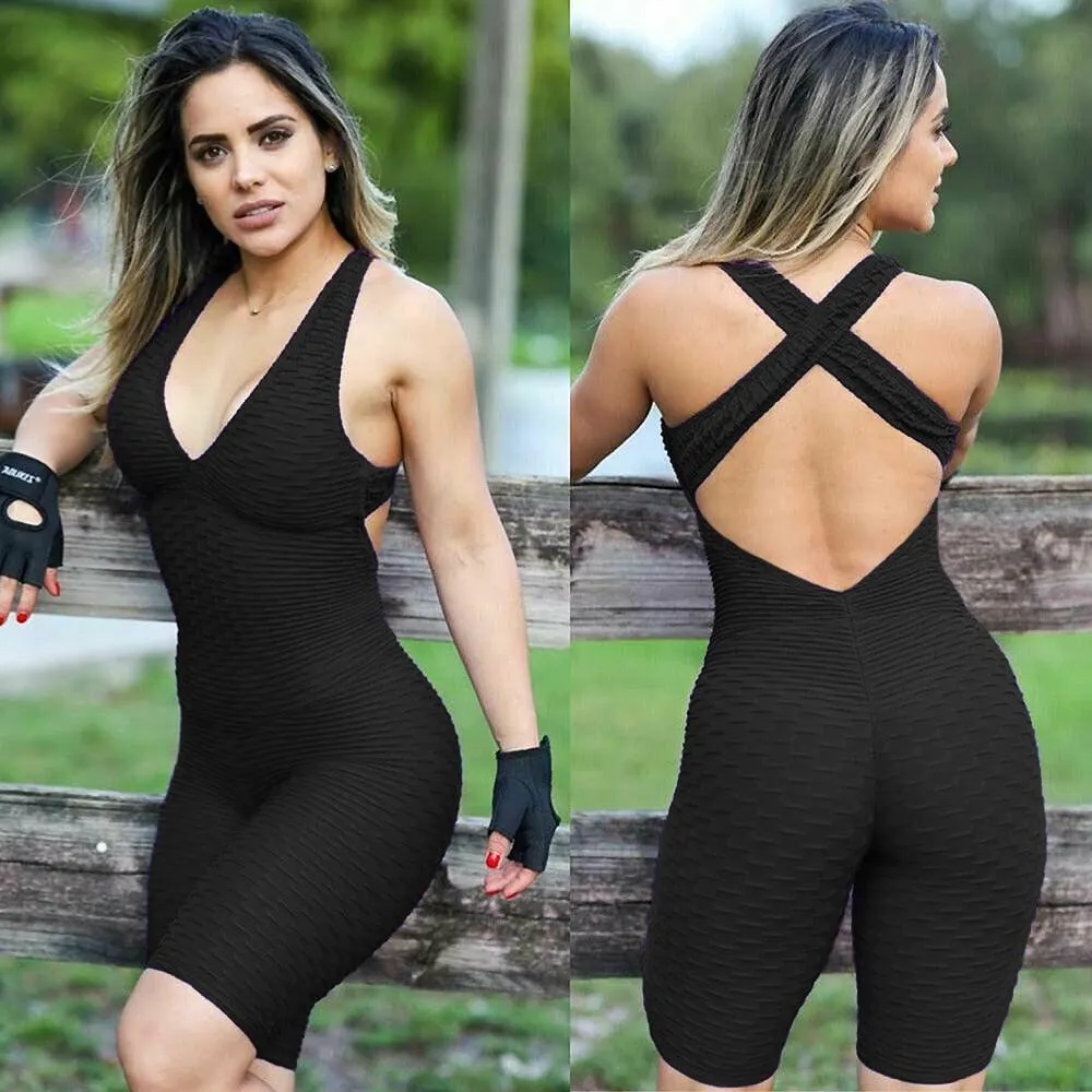 Gorgeous High Waist Women Bodysuit Sleeveless Back Cross Sports Slimming Jumpsuit - Fitness Gym Tracksuits For Female Push Up Leggings (2U24)(BAP)(TBL)