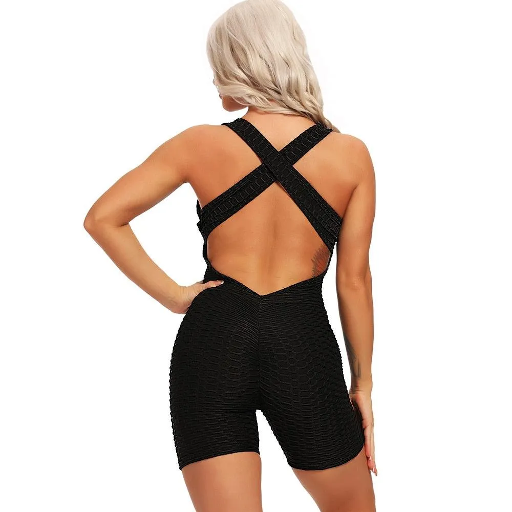 Gorgeous High Waist Women Bodysuit Sleeveless Back Cross Sports Slimming Jumpsuit - Fitness Gym Tracksuits For Female Push Up Leggings (2U24)(BAP)(TBL)