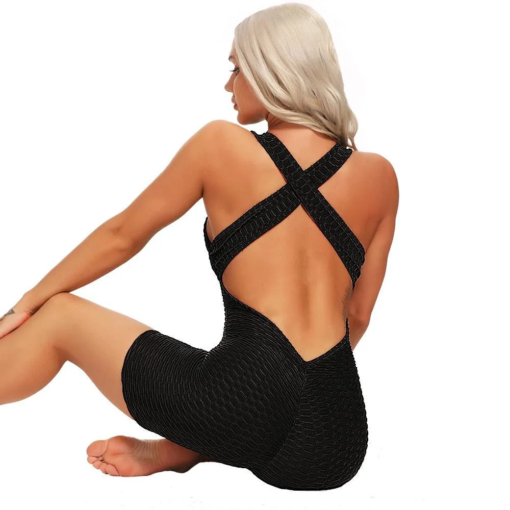 Gorgeous High Waist Women Bodysuit Sleeveless Back Cross Sports Slimming Jumpsuit - Fitness Gym Tracksuits For Female Push Up Leggings (2U24)(BAP)(TBL)