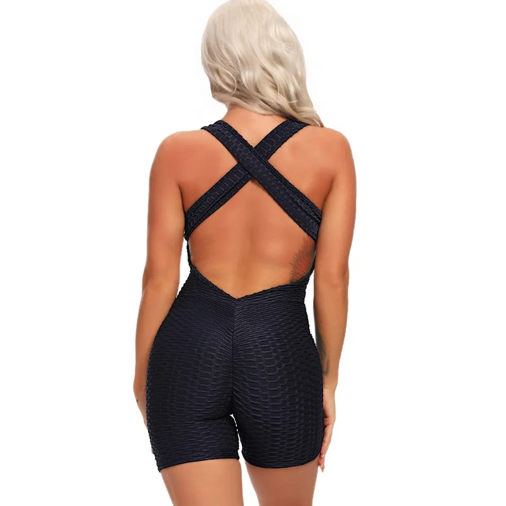 Gorgeous High Waist Women Bodysuit Sleeveless Back Cross Sports Slimming Jumpsuit - Fitness Gym Tracksuits For Female Push Up Leggings (2U24)(BAP)(TBL)