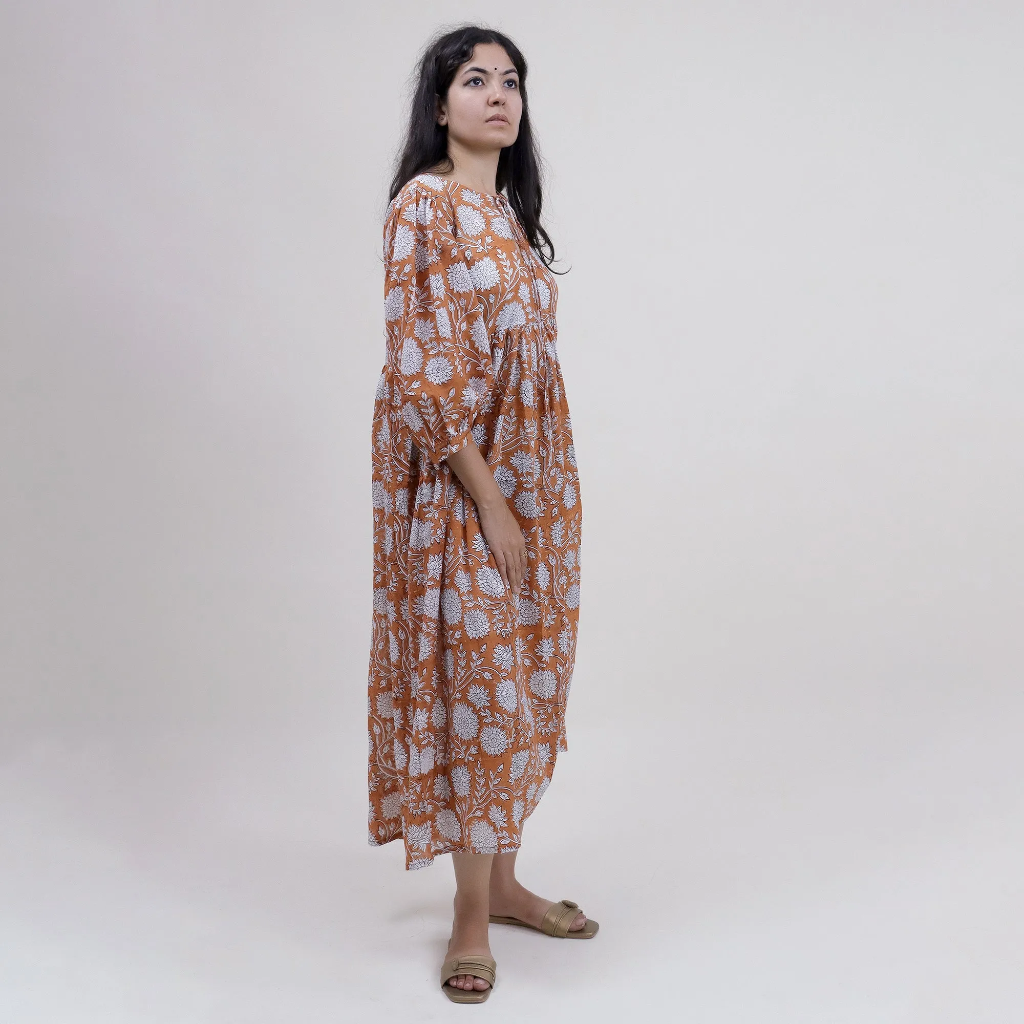 Hand Block Floral Printed Soft Cotton Modern Dress For Women