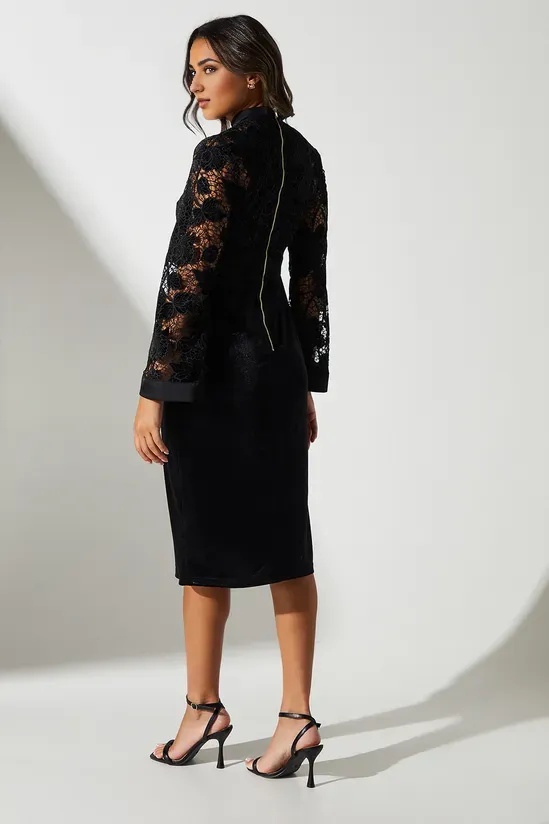 High Neck Velvet Lace Column Midi Dress Long Sleeves Winter Wedding Guest Dresses