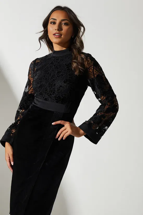 High Neck Velvet Lace Column Midi Dress Long Sleeves Winter Wedding Guest Dresses