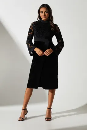 High Neck Velvet Lace Column Midi Dress Long Sleeves Winter Wedding Guest Dresses