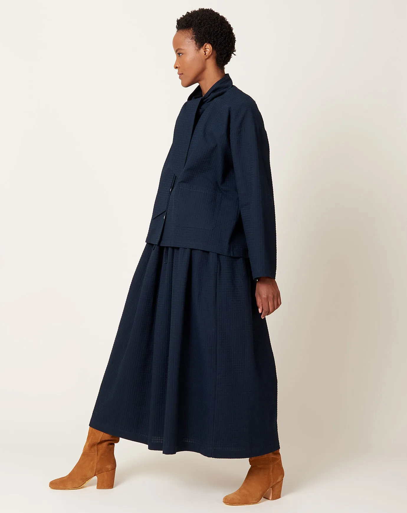 Japanese Waffle Drawstring Amy Skirt in Dark Navy