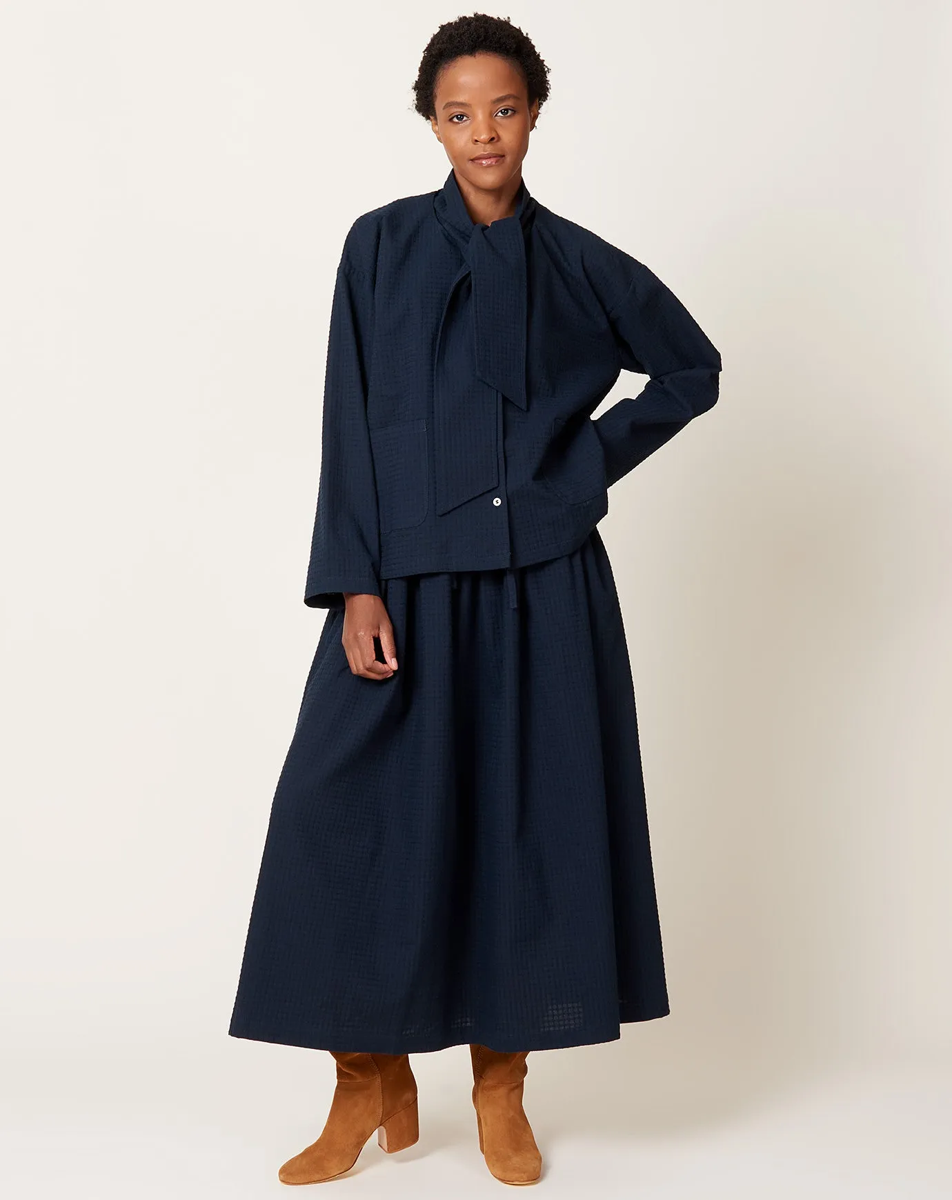 Japanese Waffle Drawstring Amy Skirt in Dark Navy