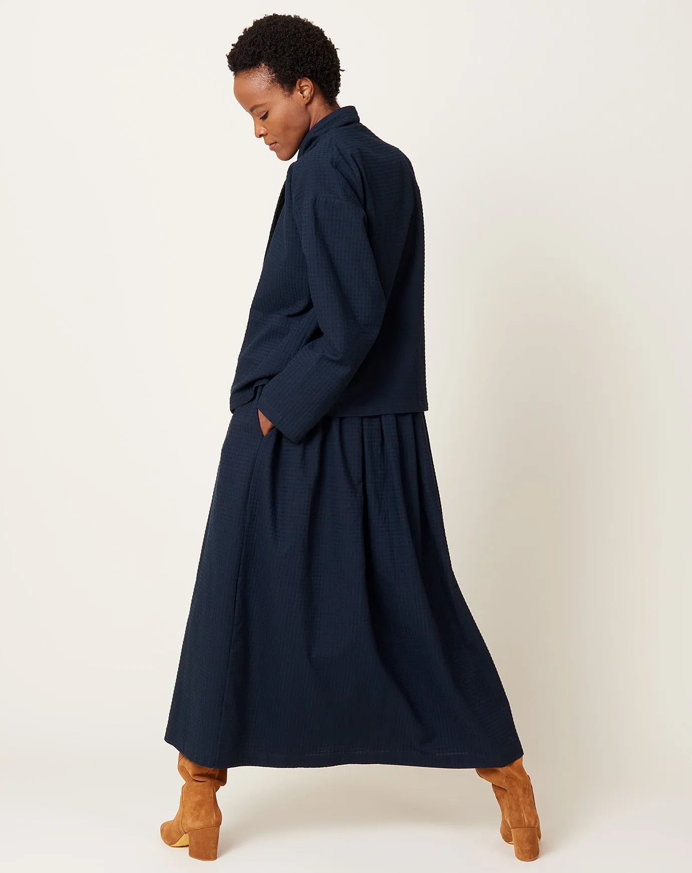 Japanese Waffle Drawstring Amy Skirt in Dark Navy