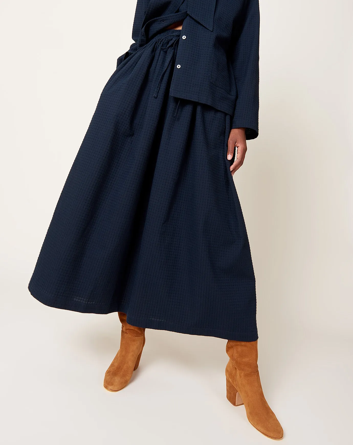 Japanese Waffle Drawstring Amy Skirt in Dark Navy