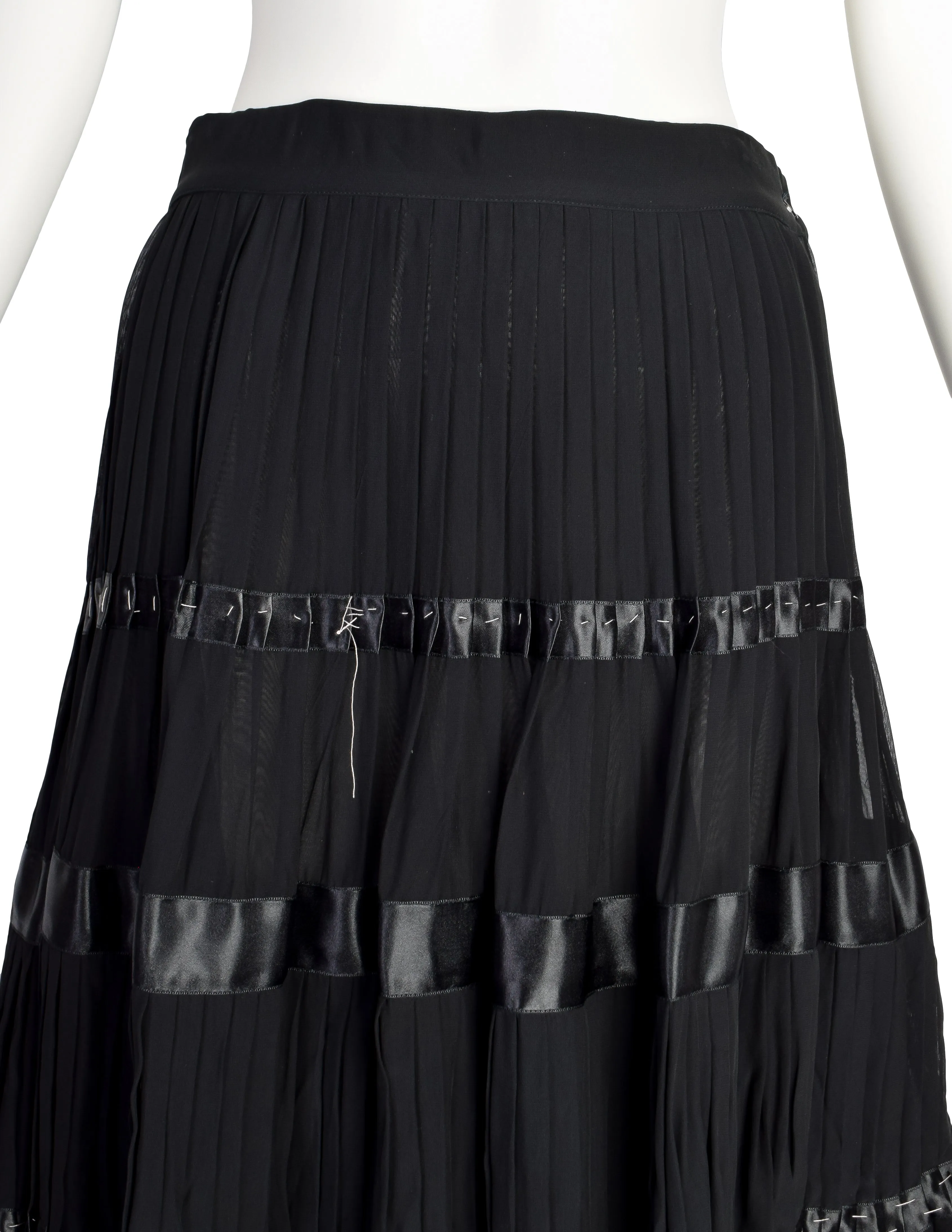 Kenzo Vintage 1980s Black Pleated Silk Chiffon Tiered Dramatic Full Length Skirt