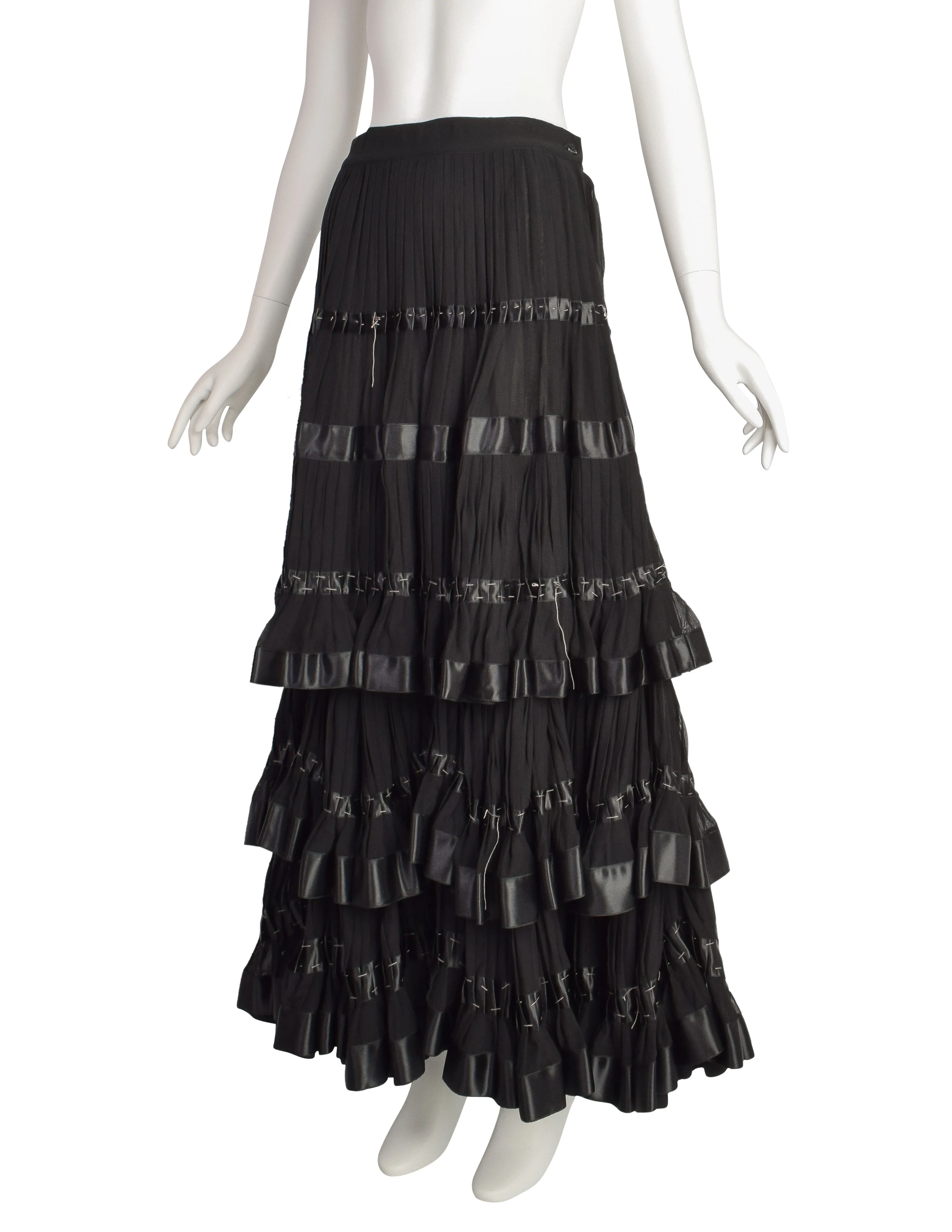 Kenzo Vintage 1980s Black Pleated Silk Chiffon Tiered Dramatic Full Length Skirt