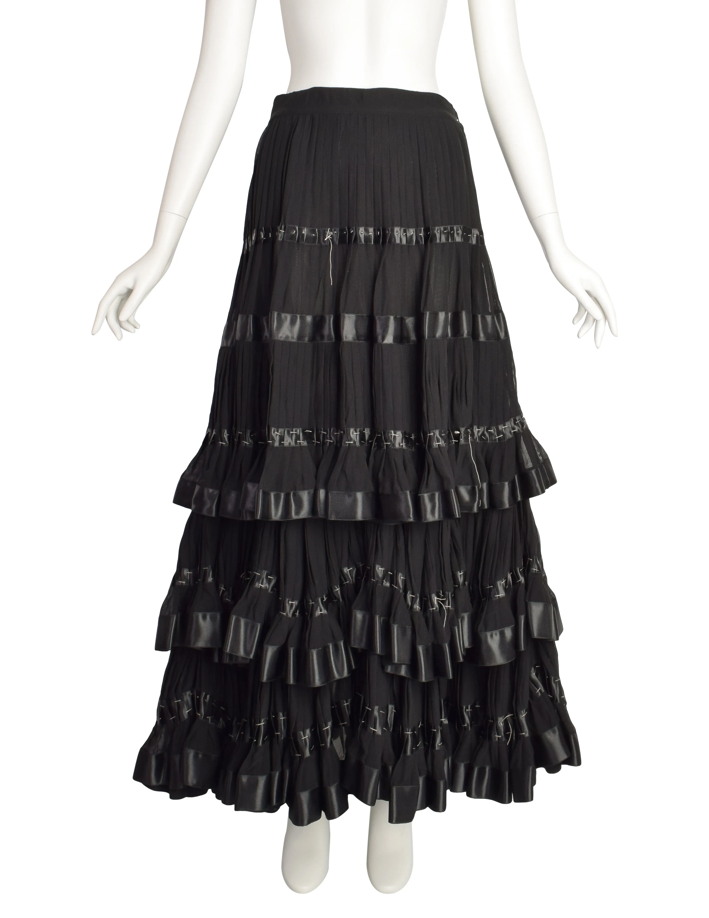 Kenzo Vintage 1980s Black Pleated Silk Chiffon Tiered Dramatic Full Length Skirt